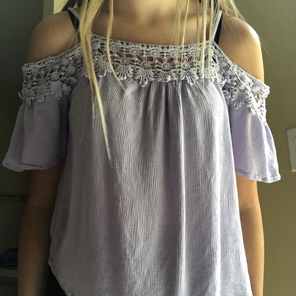 off the shoulder lavender lace top!